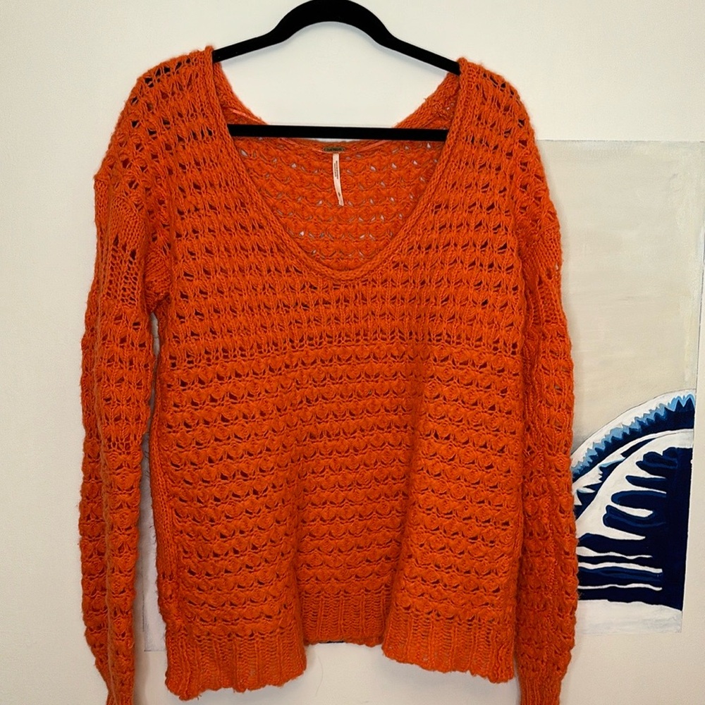Free People Women's Crashing Waves Pullover Knit Long sleeve Sweater Orange S